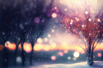 Fototapeta na wymiar Christmas Bokeh Background. Christmas tree with lights in snow