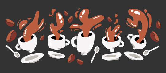 abstract splashes from cups, mug of coffee and tea falls down, flat graphics, vector elements set
