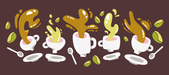 abstract splashes from cups, mug of coffee and tea falls down, flat graphics, vector elements set