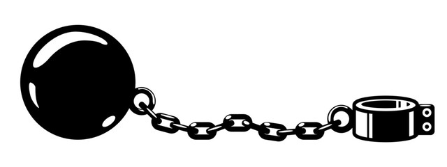 Shackles, gyve on chain with weight metal ball, prisoner fetter, encumbrance or debt concept , vector - obrazy, fototapety, plakaty