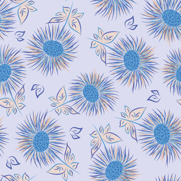Inula flower seamless vector pattern background. Perennial cottage garden flowers blue backdrop. Giant Fleabane painterly geometric design. Maximalist cottagecore for summer, packaging