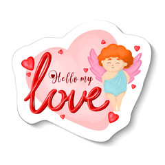 Amur mascot in a sticker. Cupid angel. Valentine's Day sticker. Vector illustration