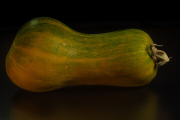 Green-orange pumpkins on a black background the concept of Halloween and the autumn harvest of pumpkin close-up copyspace from above