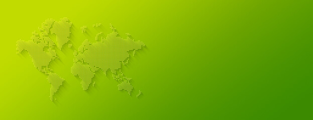 Illustration of a world map made of dots on a green background. Horizontal banner