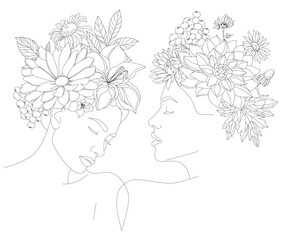 Two female faces. A female head with a vector drawing of a line of flowers.