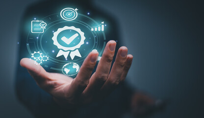 Quality Assurance Concept. Business people show high quality assurance mark, good service, premium, five stars, premium service assurance, excellence service, high quality, business excellence.