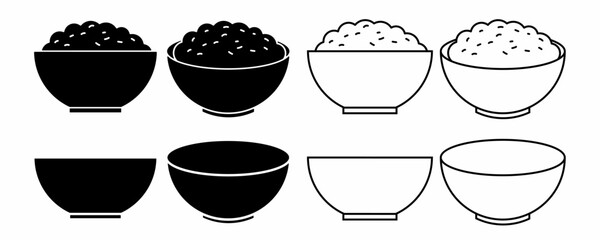 outline silhouette rice bowl icon set isolated on white background