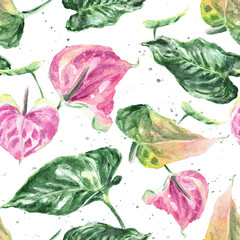 Seamless pattern with leaves and Anthurium flowers (Flamingo Flower). Watercolor hand drawn realistic illustration on white background.