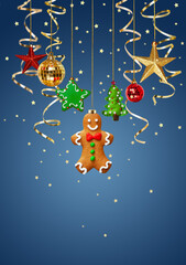 Christmas homemade gingerbread cookies and Christmas decorations on blue background..Christmas and New Year festive creative concept.