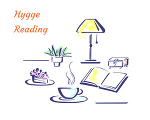 Hygge reading, relax ambience. Doodle objects