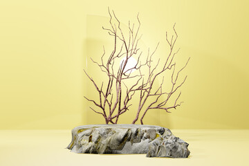 Rock base 3D yellow stone realistic empty display podium for product placement scene presentation background