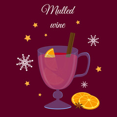 Mulled wine vector illustration. Winter season Hot drink with ingredients. Flat style. Isolated objects. Christmas and New Year design concept