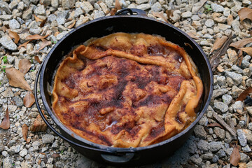 Chocolate pie in the dutch oven pot.