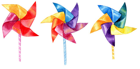 Set of colorful pinwheels, watercolor illustration, 600 dpi PNG graphic elements for birthday party invitations, cards, patterns, logos, websites, posters 