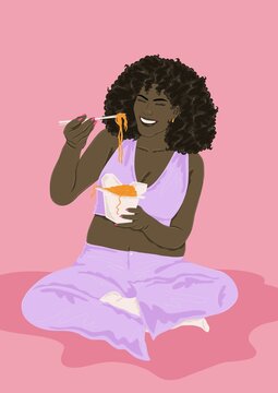 Woman eating takeaway noodles