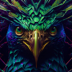 3D composite illustration of Stylized Bird. Peacock. 3D rendering. Semi Neural Network Generated. Art