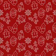 Christmas and New Year concept. Seamless pattern of Santa Claus, ginger man, snow, deer, snowman. Perfect for wrapping, postcards, covers, fabric, textile