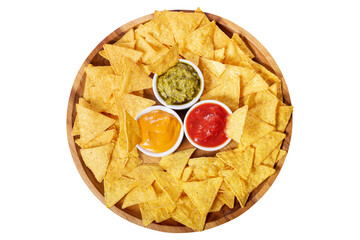 mexican nachos chips with guacamole, salsa and cheese dip on wooden plate isolated on transparent...