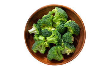 Bowl of fresh broccoli florets isolated on transparent background, top view - obrazy, fototapety, plakaty