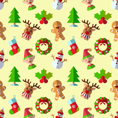 New Year, holiday, Christmas concept. Seamless pattern of tree, mistletoe, deer, ginger man, wreath, elf, snowman. Perfect for wrapping, postcards, covers, fabric, textile