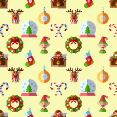 New Year, holiday, Christmas concept. Seamless pattern of deer, bauble, sweet, wreath, fireplace. Perfect for wrapping, postcards, covers, fabric, textile
