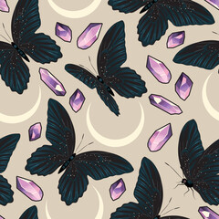 Seamless vector pattern with moths and crystals