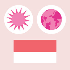 Indonesian flag, sun, and earth vector icons with pink colors. Drawings with simple flat art isolated on cream background.