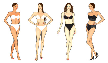 Fashion illustration of outline, young women in lingerie and in bikini, vector set, isolated, on white background.