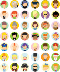Super set of flat avatars icons. Positive male and female characters different ages, professions and nationalities. Funny vector illustrations.