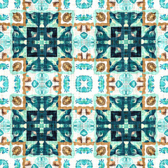 Teal beach house coastal style patchwork pattern tile. Modern nantucket summer printed fabric seamless repeat.