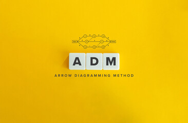 Obraz premium Arrow diagramming method (ADM) Banner. Diagram and Letter Tiles on Yellow Background. Minimal Aesthetics.
