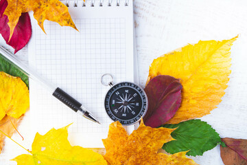 Fototapeta na wymiar Traveller's Notes. Compass and notepad for notes in bright autumn leaves.