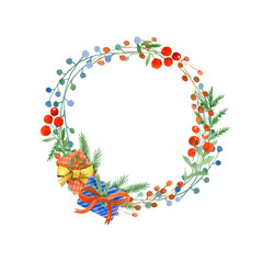 Festive Christmas wreath of winter twigs with berries. Decorated with gift boxes with bows. Watercolor illustration.