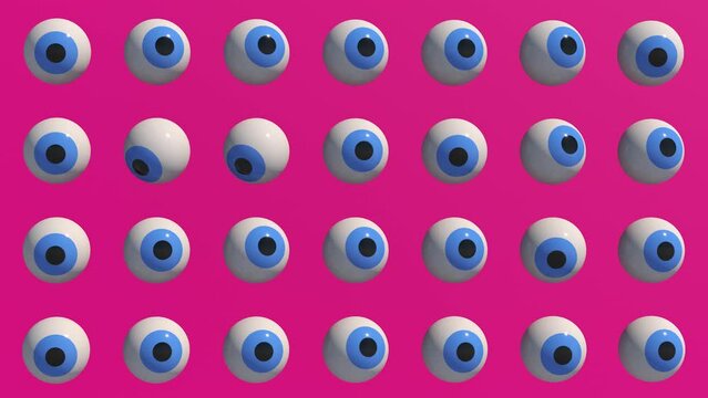 Group of eyeballs. Pink background. Abstract animation, 3d render.