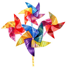 Fototapeta na wymiar Watercolor pinwheel illustration, pinwheel arrangement, group of colorful pinwheels, birthday party invitations, graphic element, 600 dpi png with transparent background 