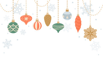 Cute hanging decorations, christmas template for card and banner. Vector illustration in flat cartoon style