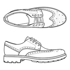 Vector hand drawing illustration with autumn men brogue fashion shoes, top view .Doodle illustration	
