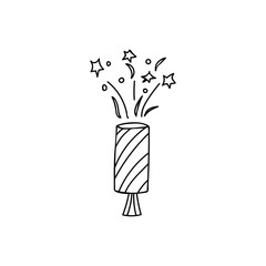Party cracker doodle illustration. Party popper doodle illustration isolated on white background. Party firecracker hand drawn illustration on white.