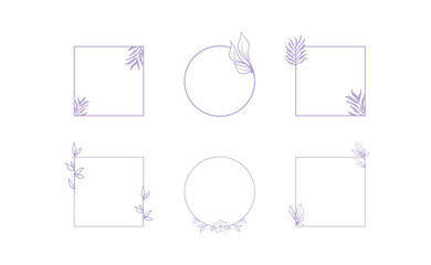 Geometric floral frames, borders, wreaths, hand drawn illustrations. Trendy Line drawing, line art style with branches and nature ornaments.