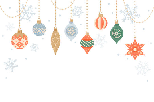 Cute hanging decorations, christmas template for card and banner. Vector illustration in flat cartoon style
