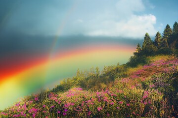 over the rainbow, interesting view on a rainbow in a valley from above, generative ai