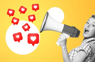 Hand with megaphone and likes icons, social media
