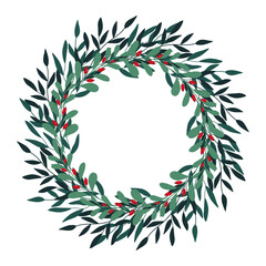 Christmas hand drawn wreath with leaves, branches, berries. Winter floral cozy elements. Vector floral frames. Happy New Year illustration isolated on a white background