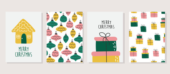 Fototapeta na wymiar Set of christmas greeting cards with holiday text and design elements. Two cards with pattern. Hand drawn vector Merry Christmas cards collection