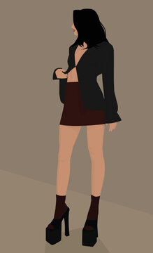 Vector flat image of a young girl. A woman in sexy clothes: a short skirt, a blouse with a cutout and high sandals. Design for cards, avatars, posters, backgrounds, templates, banners.