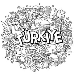 Turkey hand drawn cartoon doodles illustration. Funny travel design.