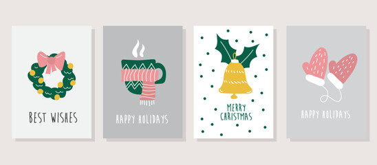 Fototapeta na wymiar Hand drawn vector Merry Christmas cards collection set with cute illustrations. Cartoon minimalist Scandinavian design set.