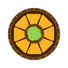 Obraz premium Bowl with guacamole and nachos. Traditional Mexican food. Hand drawn vector illustration. Suitable for website, stickers, postcards, menu.