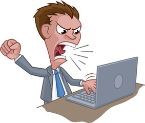 Fototapeta na wymiar Angry Business Man Boss Shouting at Laptop Cartoon