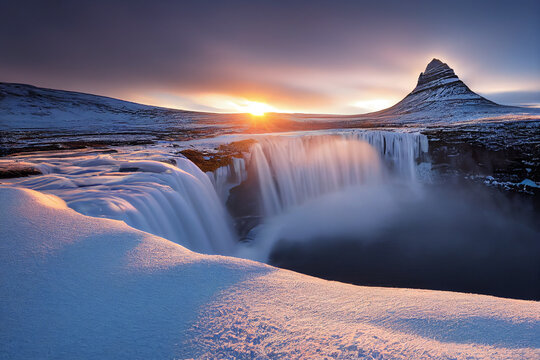 Gorgeous Mountainous Landscape During A Winter Sunrise With Waterfalls.